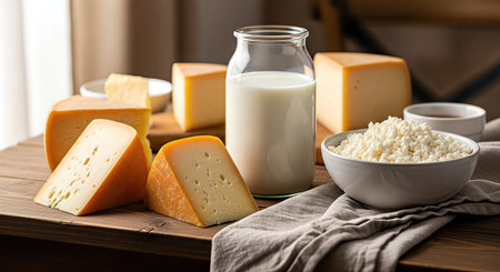 Assorted cheese varieties, fresh milk in glass jar, and bowl of cottage cheese are beautifully arranged on wooden table, creating a warm and inviting dairy sceneの素材