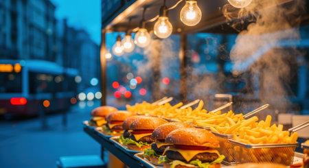 Street food vendor displays mouthwatering burgers and golden fries under glowing lights, creating a lively ambiance on a vibrant city street during evening hoursの素材