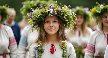 Young girl with floral crown, dressed in traditional attire, stands among a group celebrating nature, embodying the essence of paganism and polytheism in a lively festival atmosphereの素材