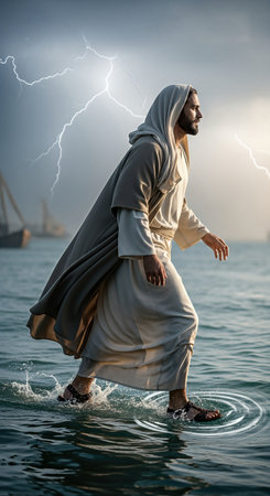 Man in flowing robe walks on water amidst stormy skies and lightning, capturing a powerful moment of faith and divine intervention in a breathtaking sceneの素材