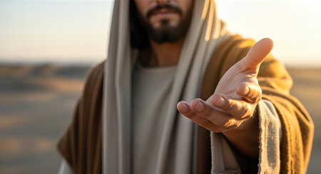 Jesus Christ is extending his hand in a welcoming gesture, dressed in traditional robes, surrounded by a tranquil desert landscape, embodying themes of faith and divine miraclesの素材