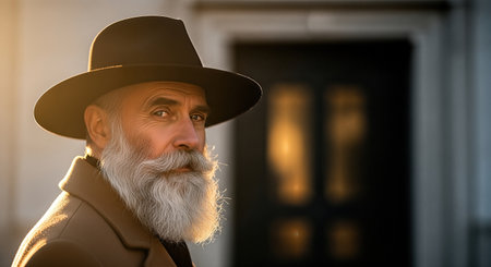 Elderly Jewish man with a long beard and black hat, dressed in a brown coat, stands in front of a synagogue, radiating warmth and tradition in the golden lightの素材