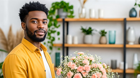 Male figure presents a vibrant bouquet of pink flowers in a well-lit space, surrounded by plants and decorative items, symbolizing appreciation for womenの素材