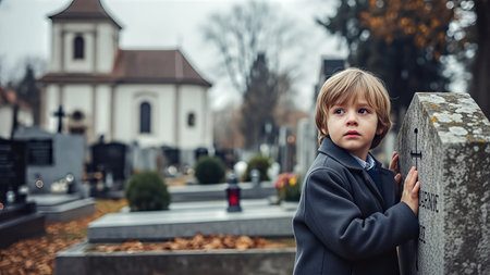 A young child appears sad while standing next to a gravestone in a cemetery, surrounded by fallen leaves and a church, creating a somber atmosphere of remembranceの素材
