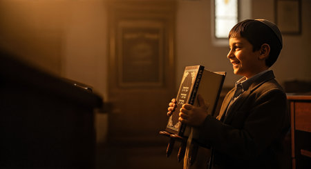 Young boy in synagogue holds Torah scroll, bathed in warm light, expressing joy and reverence in a sacred environment, highlighting Jewish cultural traditionsの素材