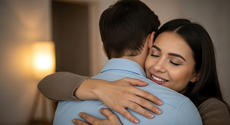Couple sharing a heartfelt embrace, symbolizing forgiveness and understanding after a disagreement, surrounded by a softly lit, inviting environmentの素材