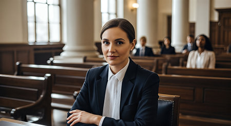 Female attorney in courtroom, focused on her client, dressed in formal attire, surrounded by wooden benches and a serious atmosphere, representing legal defenseの素材
