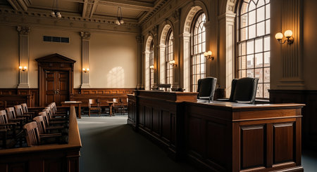 Lawyer stands in a classic courtroom, surrounded by wooden furnishings and natural light, embodying the essence of legal advocacy and courtroom dynamicsの素材