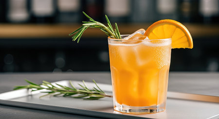 Vibrant orange cocktail served in a glass with ice, garnished with rosemary and orange slice on a silver tray, perfect for summer gatherings and celebrationsの素材