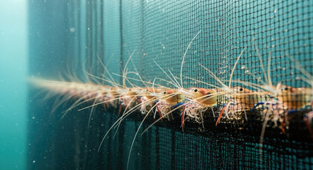 Shrimp are swimming gracefully in a netted enclosure, displaying their vibrant colors and delicate features, emphasizing the beauty of aquatic life and sustainabilityの素材
