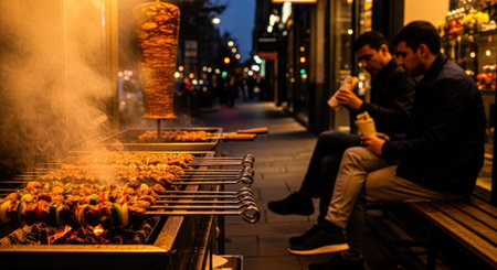 Street food scene showcases skewers of grilled meat and vegetables, with two men savoring their meals on a lively city sidewalk, highlighting the joy of outdoor diningの素材