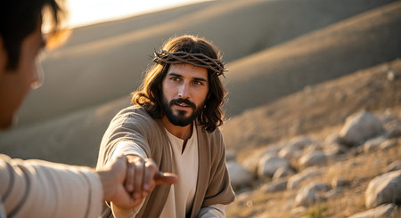 Jesus Christ extends his hand to a follower in a tranquil desert setting, embodying themes of faith, compassion, and the transformative power of prayer and miraclesの素材