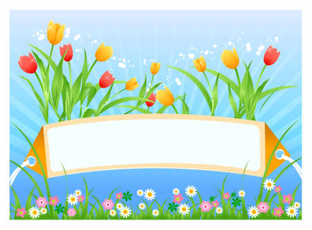 Vector illustration of Spring time card with tulips and flowersのイラスト素材