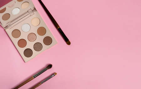 Daily eyeshadow palette in brown tones on a pink background top view with copy space. makeup brush, decorative cosmetics for the face. Flat lay female accessories. High quality photo. Nobodyの写真素材