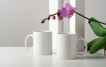 Mockup of two white mugs on a table with orchid flowers decor in a minimalist interior. Template, layout for your design, advertising, logo with copy space. Cups light gray background. Real photo.の写真素材