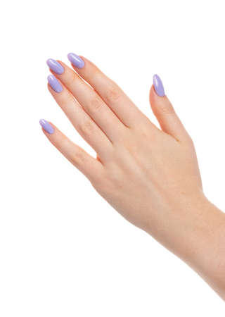 Female hand with purple lavender gel polish on long nails on a white isolated background. Beauty spa concept, manicureの写真素材