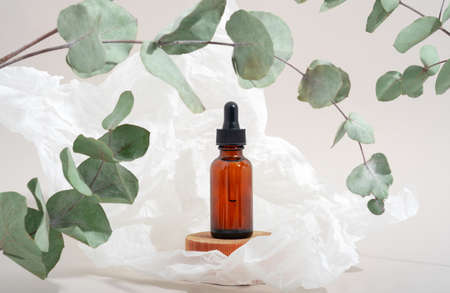 Mockup cosmetic face serum brown glass bottle with a pipette on a stylish minimalist beige white background wooden pedestal. Eucalyptus branch. Female beauty concept, empty templateの写真素材
