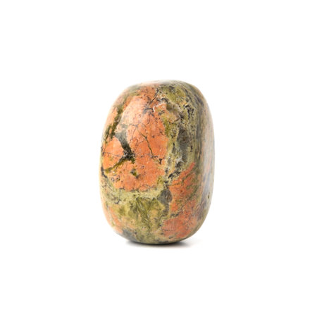 Mineral natural semiprecious stone unakite. isolated on a white background. Geology. Purple sequinsの写真素材