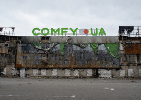 Kherson, Ukraine - 01. 11. 2023: Shopping center Fabrica, Comfy shelled in destroyed by Russian troops, occupation, war. Fire damage to civilian infrastructure.のeditorial素材