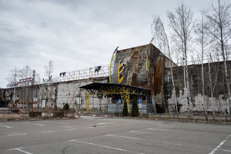 Kherson, Ukraine - 01. 11. 2023: Shopping center Fabrika, Multiplex shelled in destroyed by Russian troops, occupation, war. Fire damage to civilian infrastructure.のeditorial素材