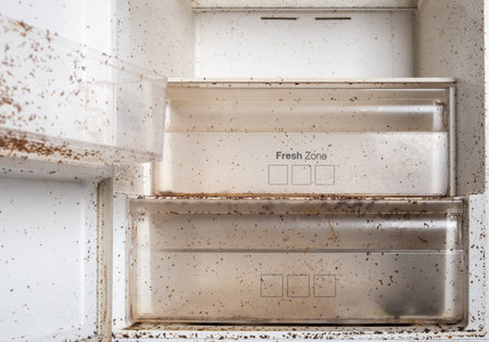Dirty refrigerator, empty. Concept of cleaning service and household. Boxes for vegetables, fruits and meat.の写真素材