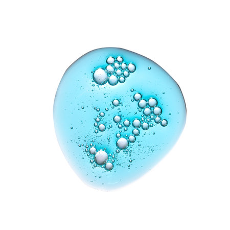 Texture swatch of blue hyaluronic acid serum gel on white isolated background, macro. Detergent, cosmetics, laboratory. A round dropの写真素材
