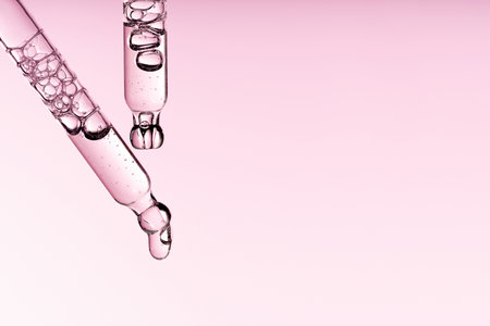 Set pipette serum drop with clear liquid niacinamide, hyaluronic or Aha Bha acids on a pink white isolated background. Textured swatch skincare. Laboratory cosmeticsの写真素材