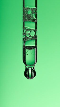 Pipette serum with clear liquid niacinamide, hyaluronic or Aha Bha acids on a green isolated background. Textured swatch skincare. Laboratory cosmeticの写真素材