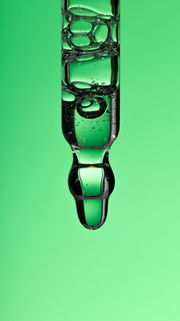 Pipette serum with clear liquid niacinamide, hyaluronic or Aha Bha acids on a green isolated background. Textured swatch skincare. Laboratory cosmeticの写真素材