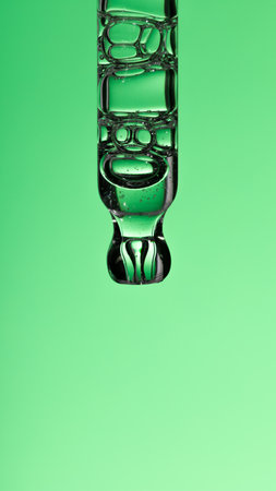 Pipette serum with clear liquid niacinamide, hyaluronic or Aha Bha acids on a green isolated background. Textured swatch skincare. Laboratory cosmeticの写真素材
