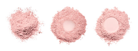 Set texture round swatches of cosmetic pink clay kaolin, eye shadow, blush powder on a white...