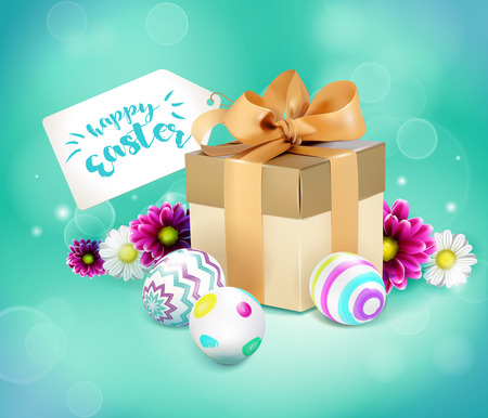 Green template vector card with realistic eggs, gift box and flowers. Handwriting inscription Happy Easter on tag. Lettering, calligraphy. 3D.のイラスト素材