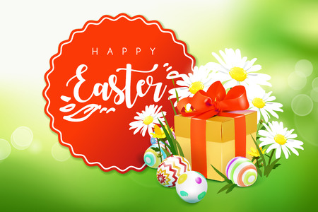 Green template vector card with realistic eggs, gift box and wild flowers. Green spring background with bokeh effect. Handwriting inscription Easter. Lettering, calligraphy. 3D.のイラスト素材