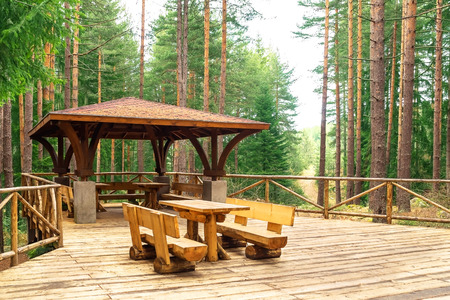 Tourist gazebo for relaxing in the forestの写真素材