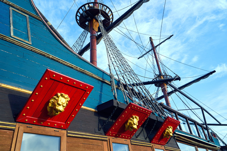 Part beautiful facade of the ship-restaurant on the beachの写真素材
