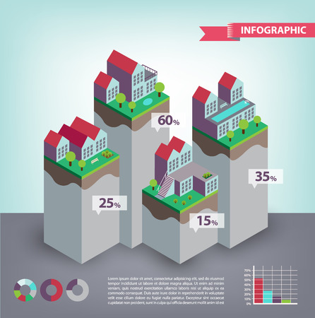 vector city, town infographocs with 3d houses standing on the groundのイラスト素材