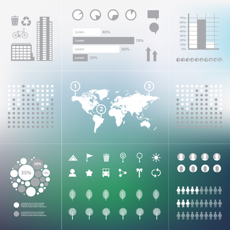 vector eco green infographics set with world map on unfocused backgroundのイラスト素材