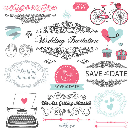 set of vector vintage, hand drawn wedding invitation design elementsのイラスト素材