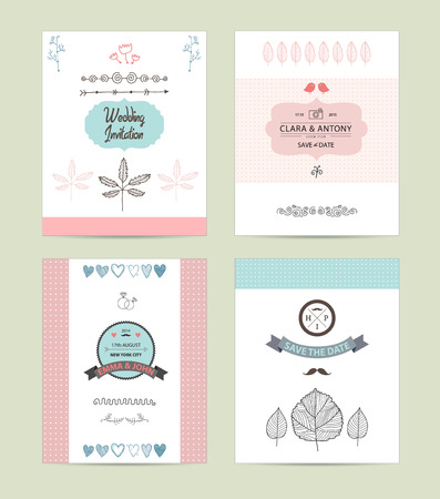 Hand drawn collection of romantic vintage hipster invitations. Wedding, marriage, bridal, birthday, Valentines day. Isolated. Vector illustrationのイラスト素材
