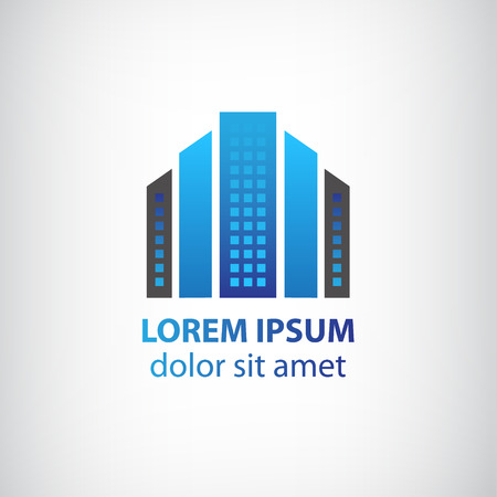 vector blue vertical abstract office building icon, apartment icon with windows isolatedのイラスト素材