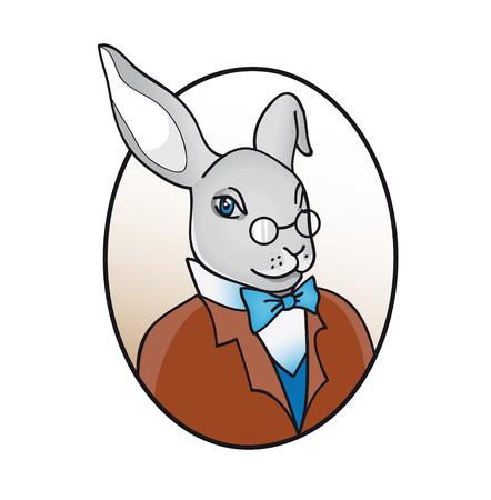 smart rabbit in glasses with bow tie illustration, alice from womderlandのイラスト素材