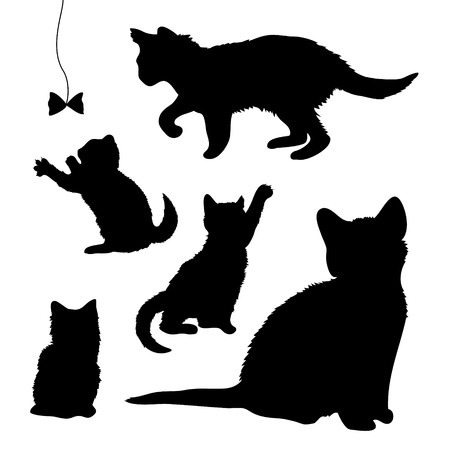 set of playing silhouettes of playing kittens on white backgroundのイラスト素材