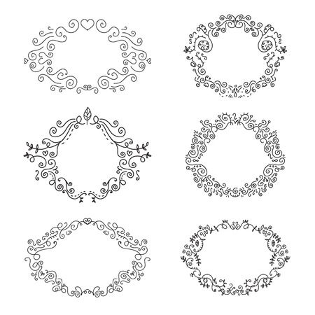 set of vector doodle hand drawn floral black vintage framesのイラスト素材