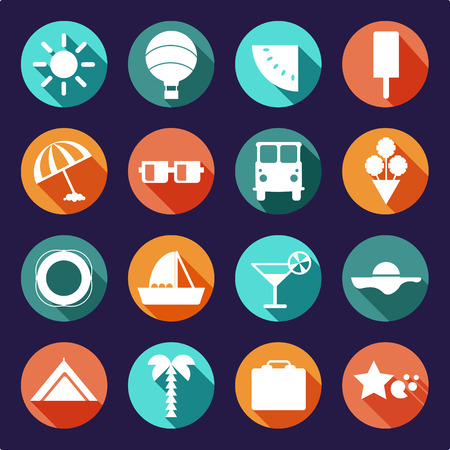 vector set of summer, traveling icons with shadows. Flat modern style, can use it for web, phone. Traveling on air balloon, planning a summer vacation, tourism and journey objects, passenger luggage.のイラスト素材