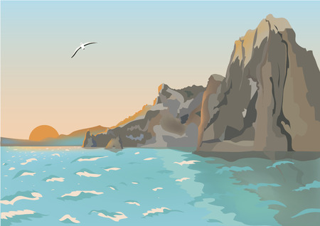 vector landscape background, morning sea with rocks, summerのイラスト素材