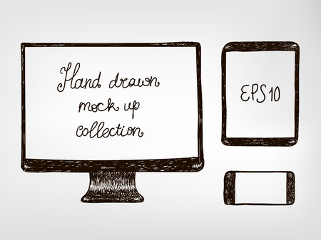 Hand drawn doodle electronic devices mockup set - monitor, tablet and smartphone vector illustrationのイラスト素材