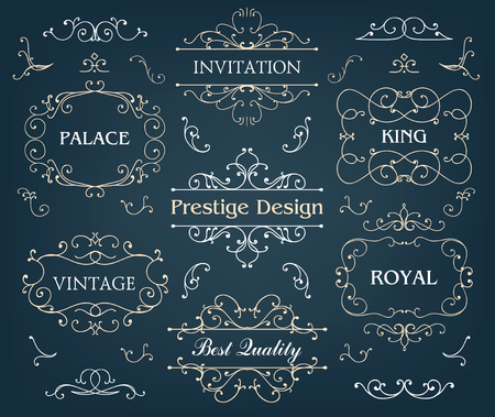 Vector set of calligraphic design elements page decoration, Premium Quality and Satisfaction Guarantee Label, antique and baroque frames, logo samples. Chalk boardのイラスト素材