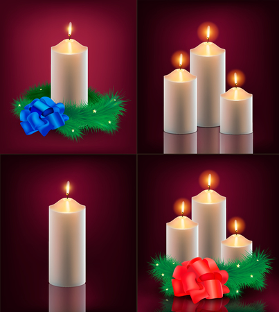 Vector set of christmas cards. Realistic illustrations of burning candles on dark red background with christmas tree branches and bow ties.のイラスト素材