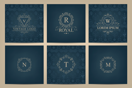 Vector set of cards with monogram logos, frames. Luxury, royal style identityのイラスト素材