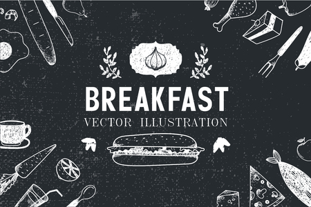 Vector breakfast, food hand drawn illustration, banner, menu cover, poster. Black and whiteのイラスト素材